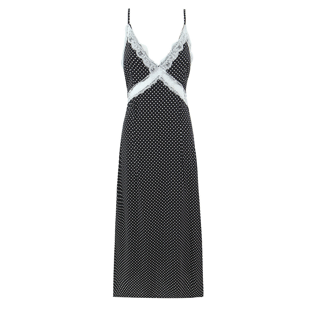 French Polka Dot Brace Maxi Dress Retro Sexy Slim V neck Lace Stitching Dress for Women Early Spring by Ragazza