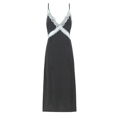 French Polka Dot Brace Maxi Dress Retro Sexy Slim V neck Lace Stitching Dress for Women Early Spring by Ragazza