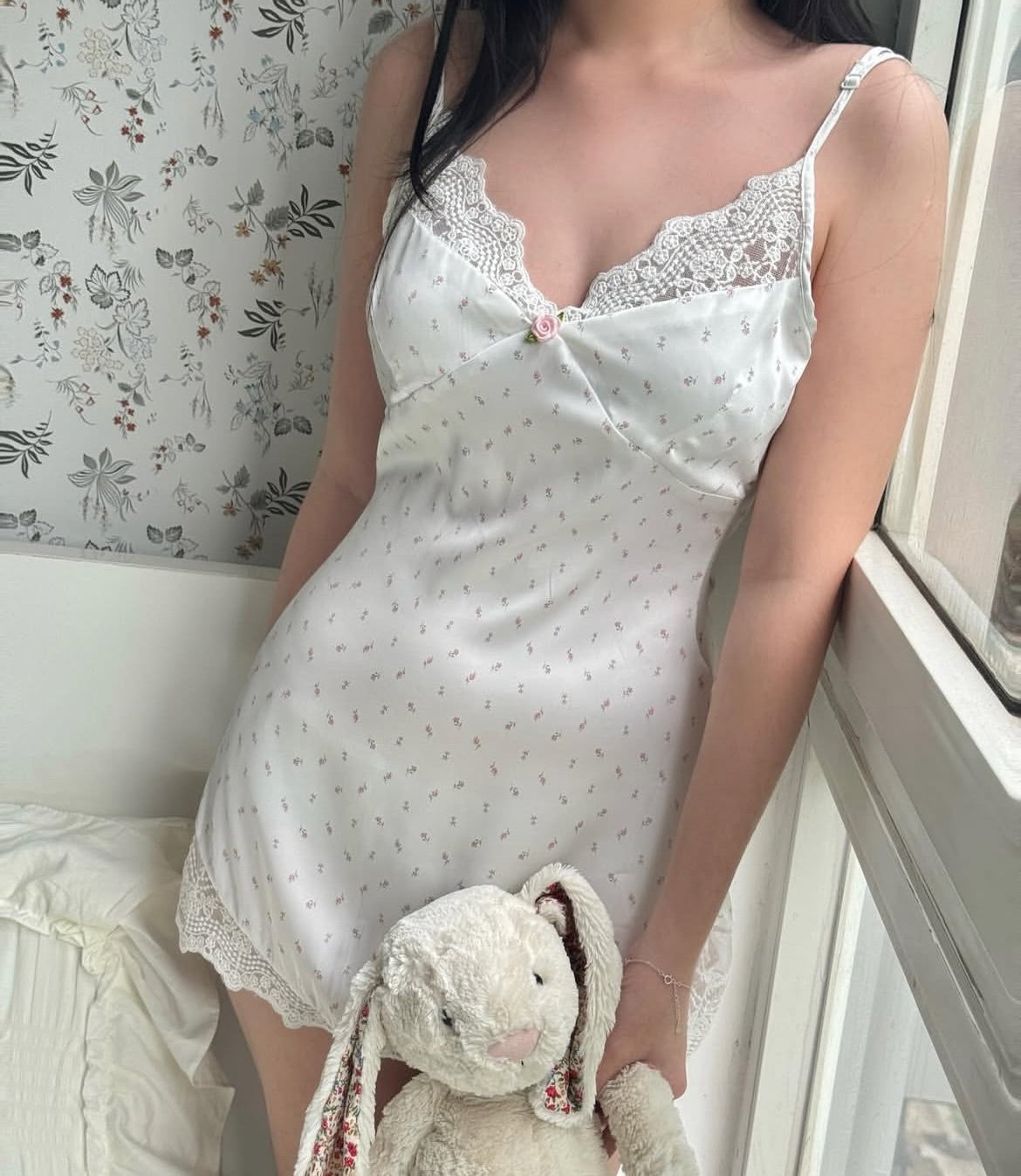 Sexy Spring Blogger Lace Stitching Three Dimensional Small Floral Satin Printing Slip Dress by Ragazza