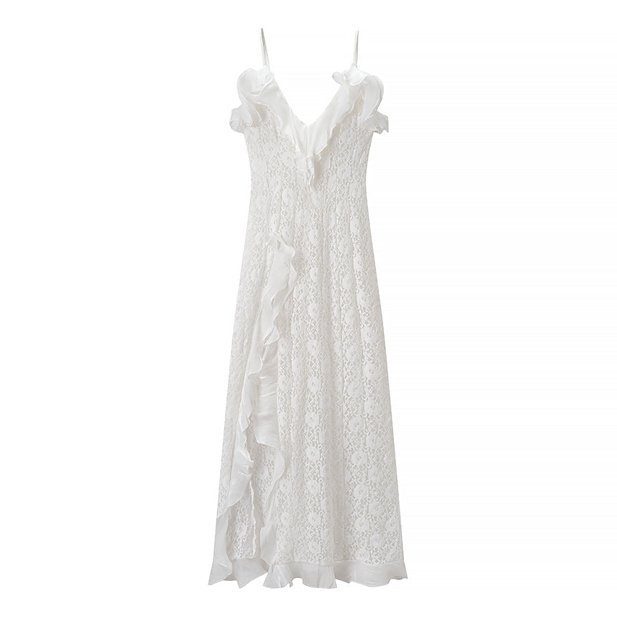 Women Clothing Autumn Sexy V neck Backless Wave Organ Ruffled Spaghetti Straps Dress  DestGlow