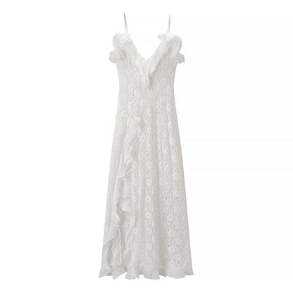 Women Clothing Autumn Sexy V neck Backless Wave Organ Ruffled Spaghetti Straps Dress  DestGlow