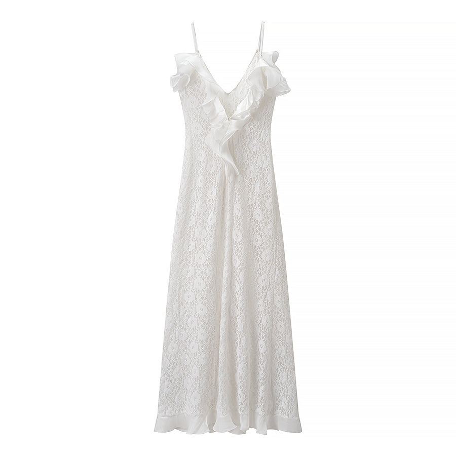 Women Clothing Autumn Sexy V neck Backless Wave Organ Ruffled Spaghetti Straps Dress  DestGlow