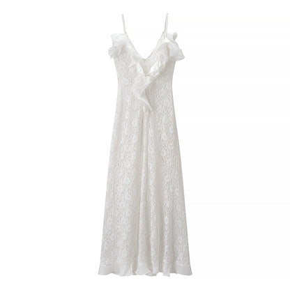 Women Clothing Autumn Sexy V neck Backless Wave Organ Ruffled Spaghetti Straps Dress  DestGlow