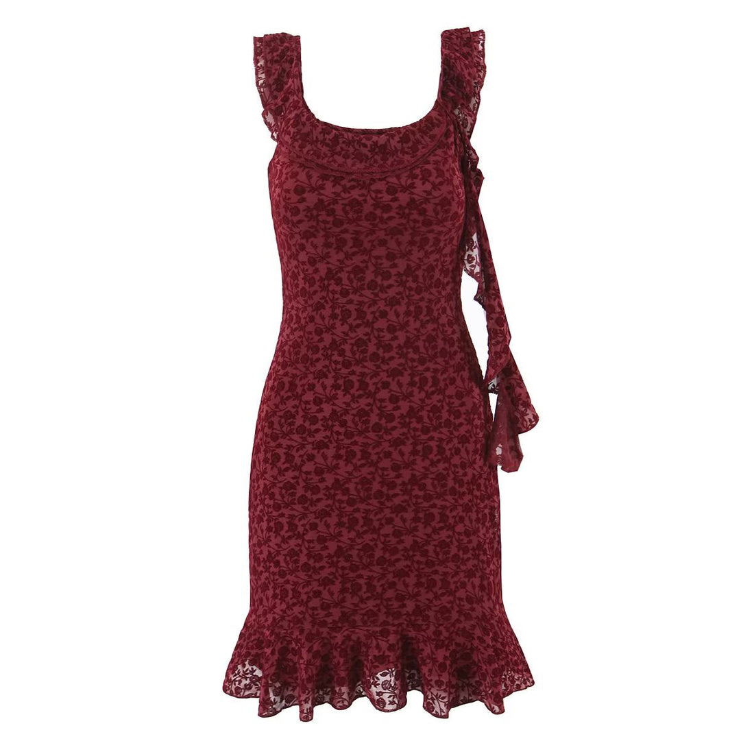 Sexy Cute Deep V Plunge neck Bow Flocked Printed Tight Waist A line Dress Ruffled Sexy Dress by Ragazza