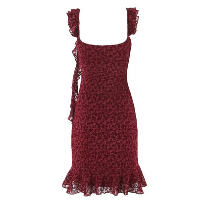 Sexy Cute Deep V Plunge neck Bow Flocked Printed Tight Waist A line Dress Ruffled Sexy Dress by Ragazza