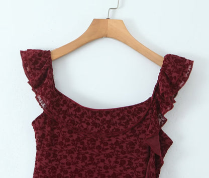Sexy Cute Deep V Plunge neck Bow Flocked Printed Tight Waist A line Dress Ruffled Sexy Dress by Ragazza