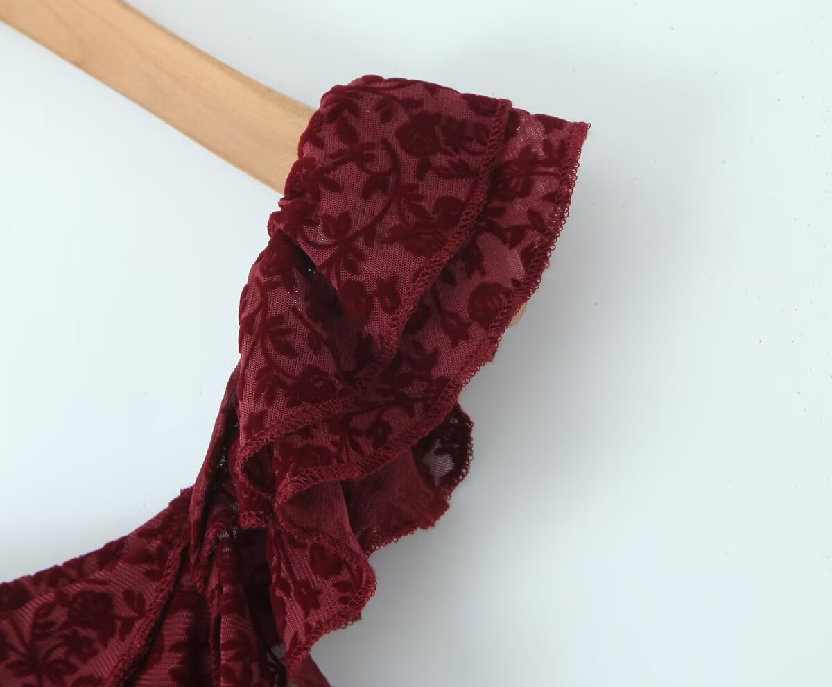 Sexy Cute Deep V Plunge neck Bow Flocked Printed Tight Waist A line Dress Ruffled Sexy Dress by Ragazza