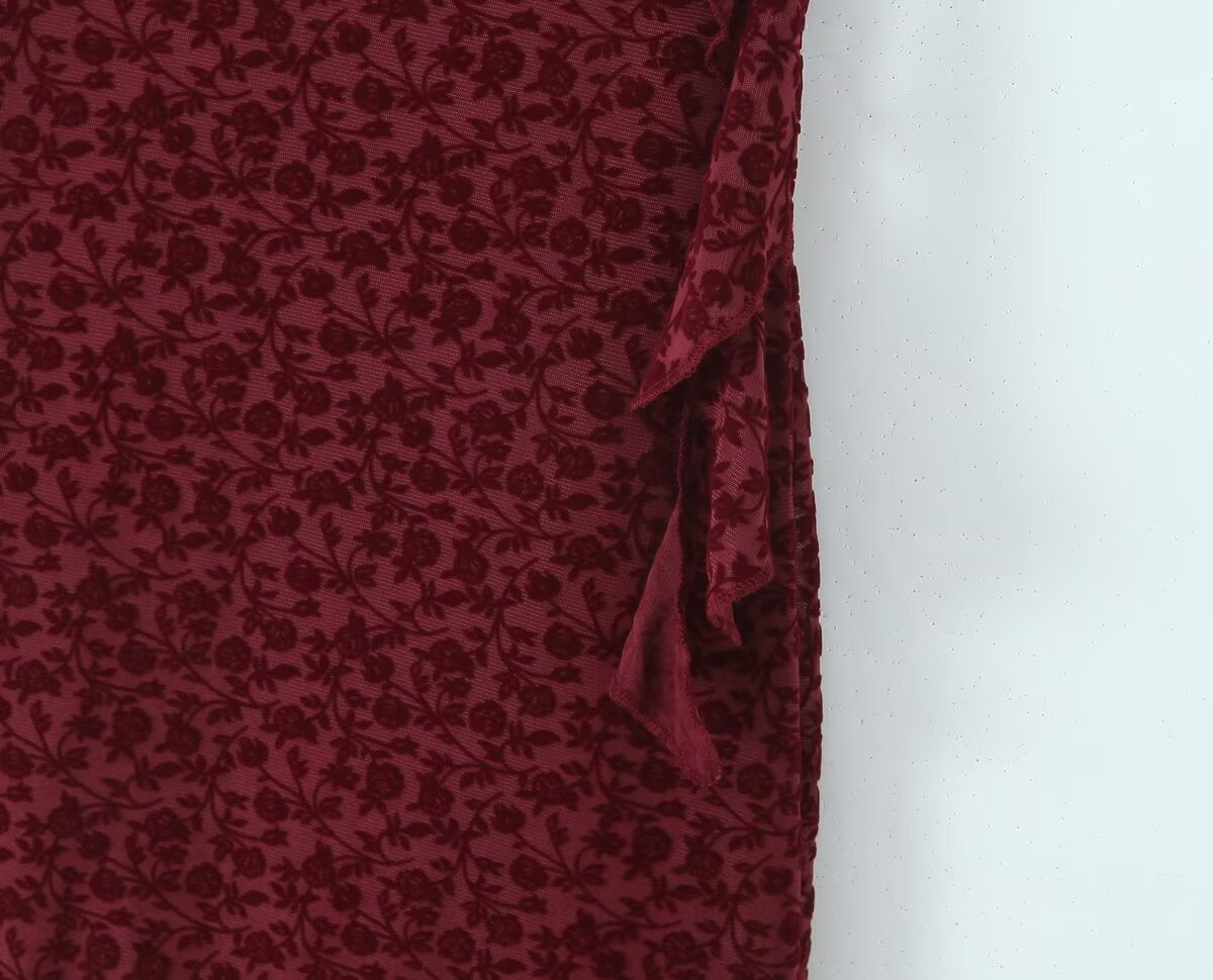 Sexy Cute Deep V Plunge neck Bow Flocked Printed Tight Waist A line Dress Ruffled Sexy Dress by Ragazza