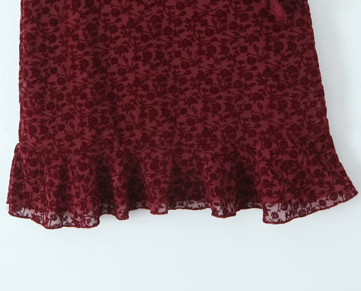 Sexy Cute Deep V Plunge neck Bow Flocked Printed Tight Waist A line Dress Ruffled Sexy Dress by Ragazza