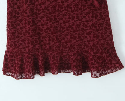 Sexy Cute Deep V Plunge neck Bow Flocked Printed Tight Waist A line Dress Ruffled Sexy Dress by Ragazza