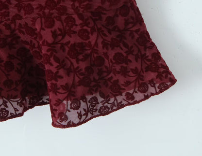 Sexy Cute Deep V Plunge neck Bow Flocked Printed Tight Waist A line Dress Ruffled Sexy Dress by Ragazza