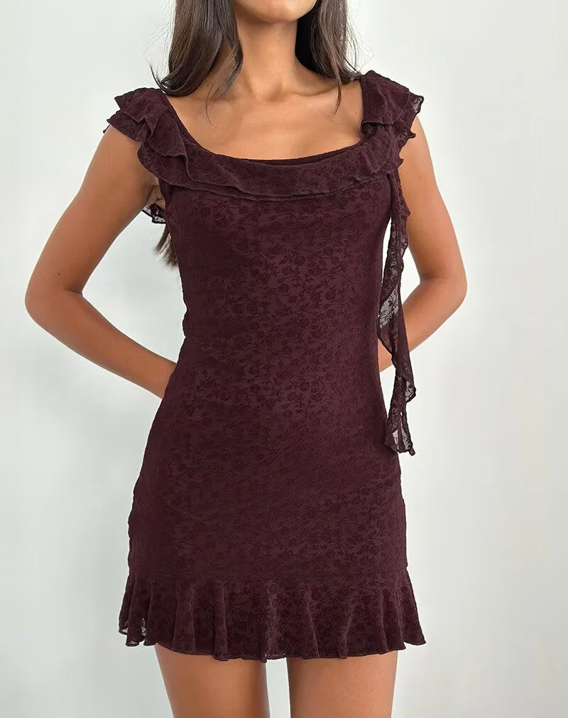 Sexy Cute Deep V Plunge neck Bow Flocked Printed Tight Waist A line Dress Ruffled Sexy Dress by Ragazza