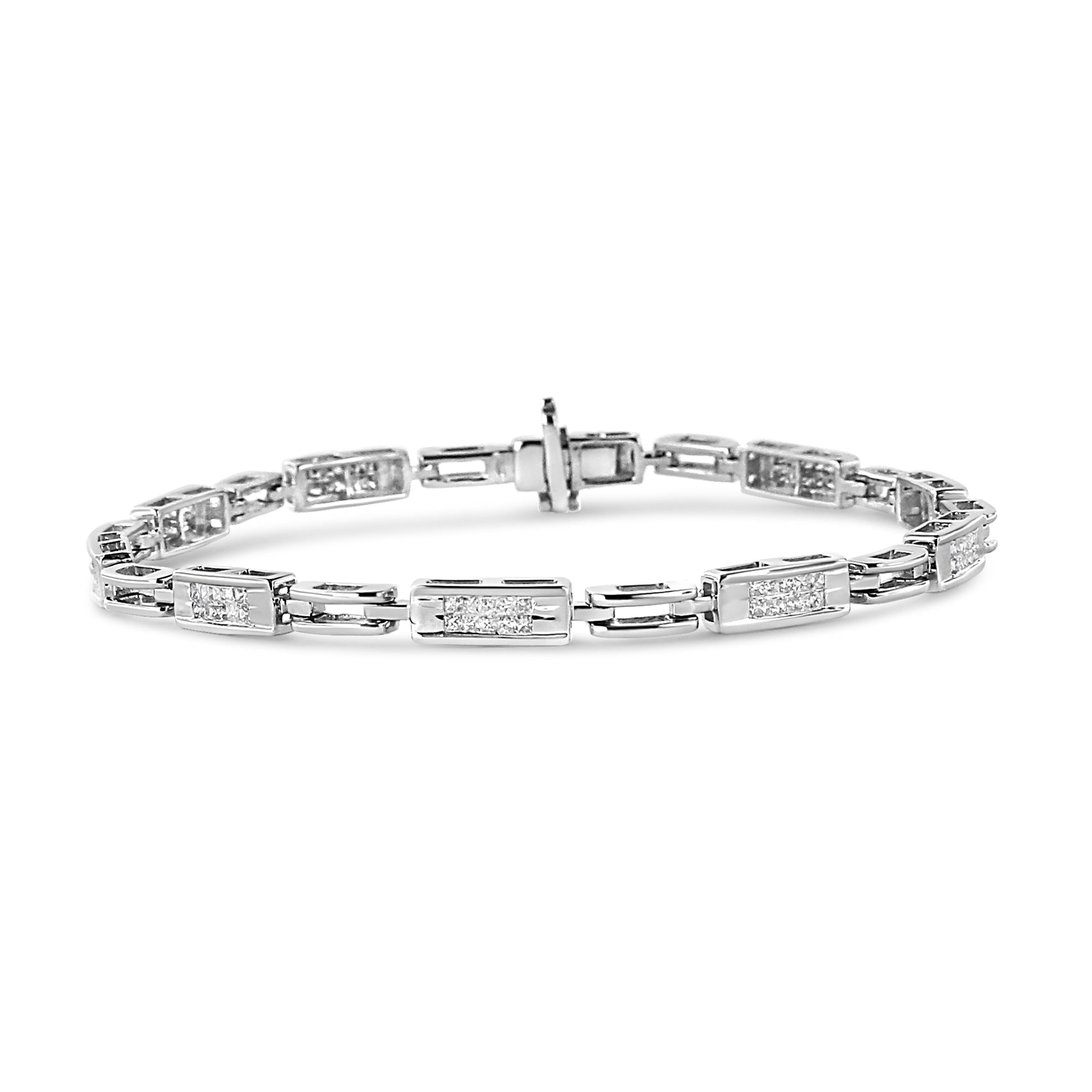 14K White Gold 1.0 Cttw Invisible Set Princess Cut Diamond Alternating Station and Link Tennis Bracelet (I-J Color, I1-I2 Clarity) - Size 7.25" Inches 