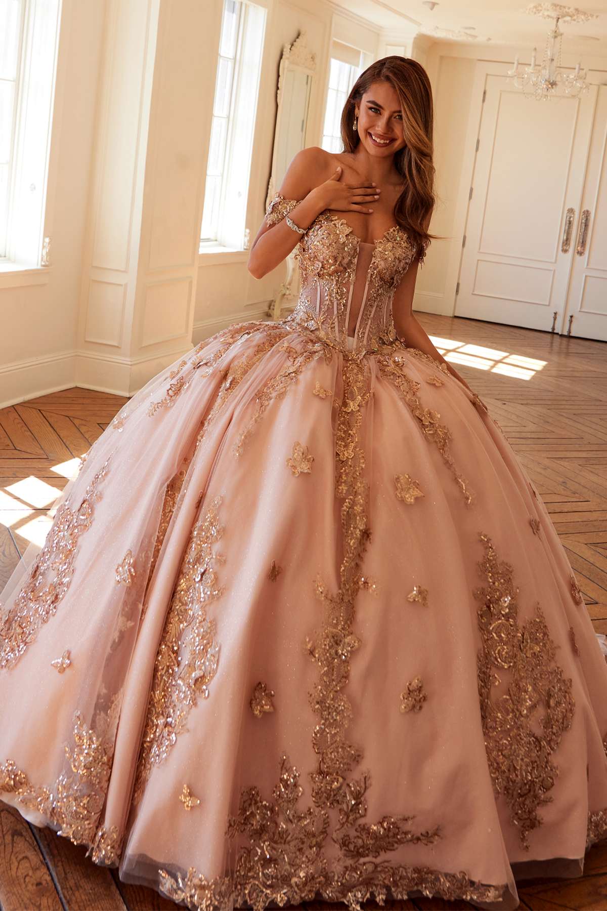 Juliet JT1485J Off the Shoulder Cinderella Quinceanera Ball Gown by DiscountDressShop