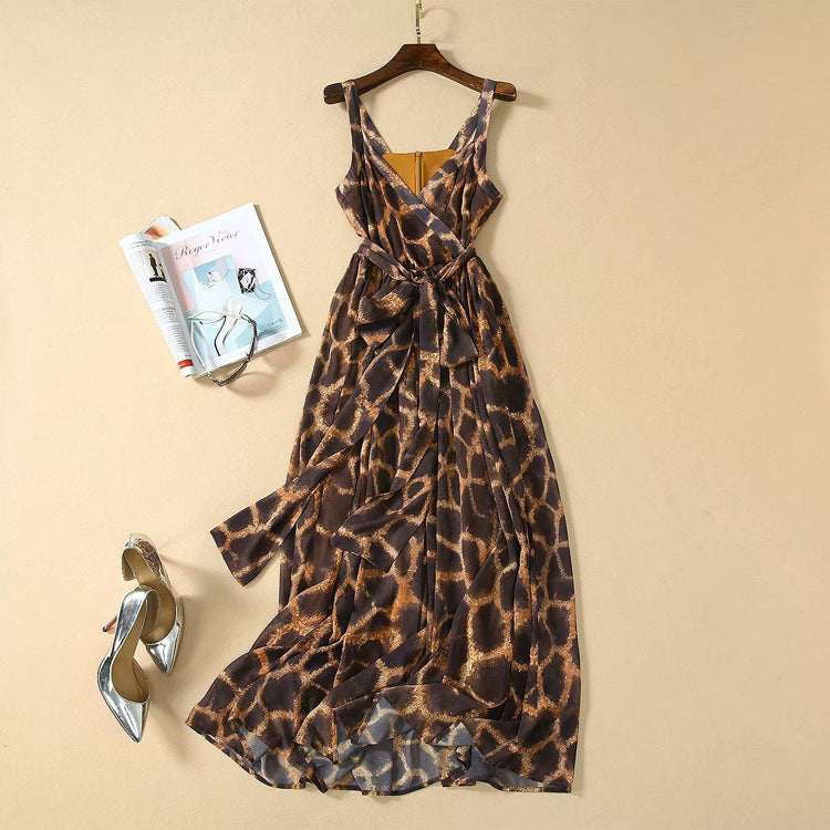 Summer Coffee Color Printed Bandeau Sling Belt Silk Scarf Slim Fit Large Swing Dress by Ragazza