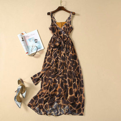Summer Coffee Color Printed Bandeau Sling Belt Silk Scarf Slim Fit Large Swing Dress by Ragazza