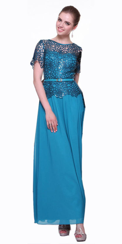 CLEARANCE - Cinderella Divine 1489 A-Line Lace Bodice Gown Short Sleeve (Size 2XL) by DiscountDressShop