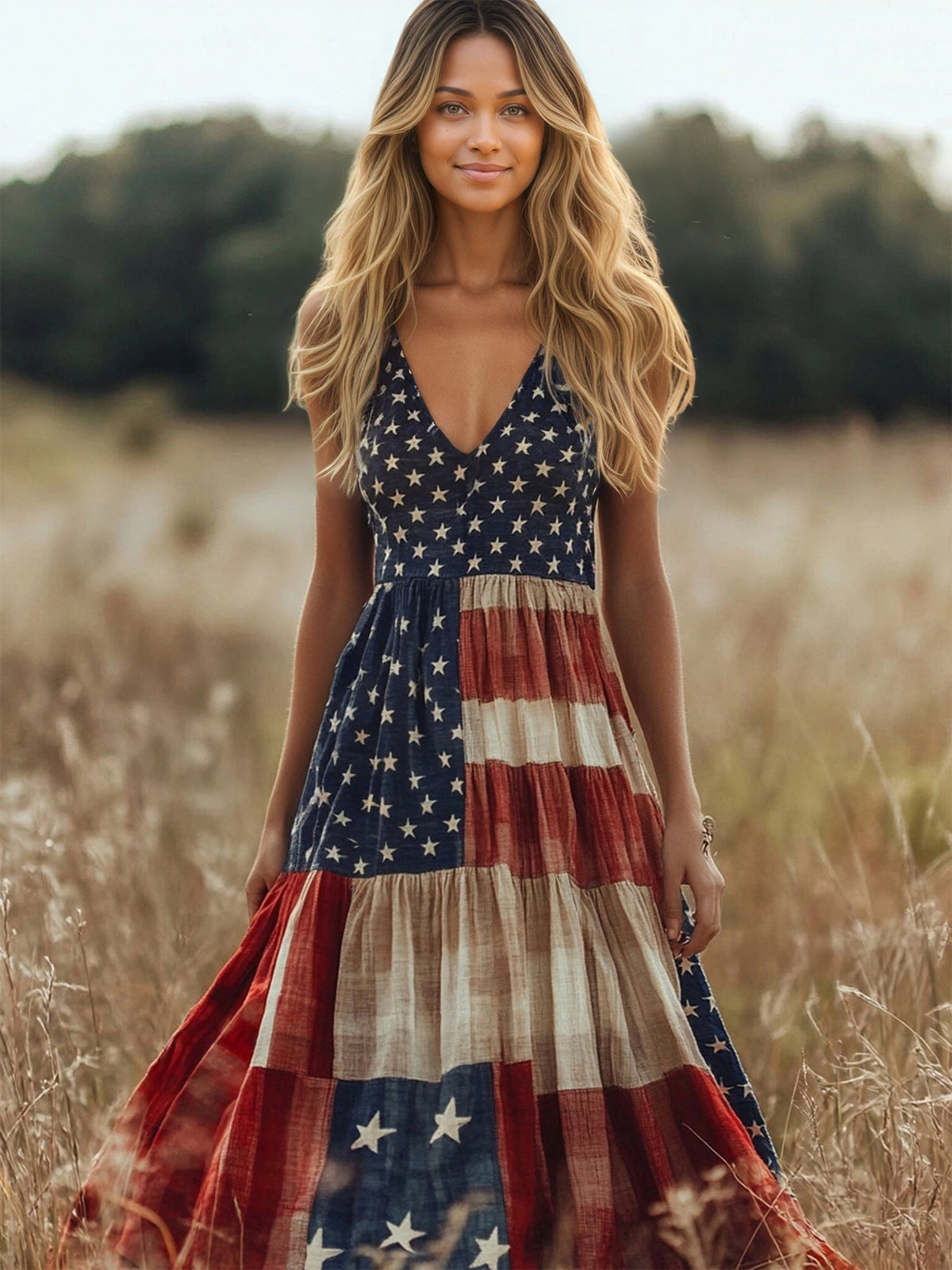 Retro Flag Printed V neck Sling Independence Day Vacation Tiered Dress  DestGlow