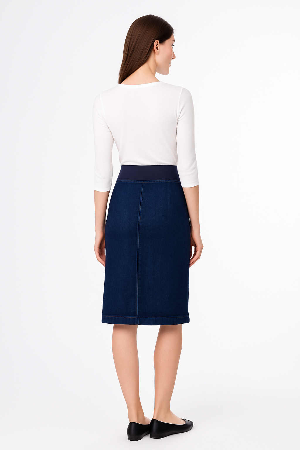 Denim Skirt with Stretch Waistband – Below Knee Length by Kosher Casual USA