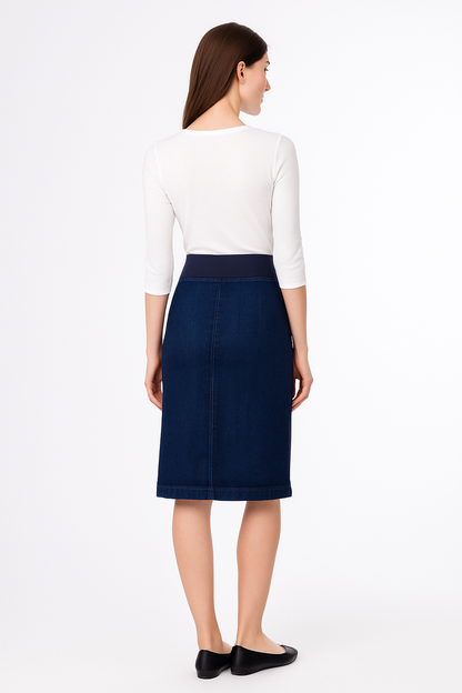 Denim Skirt with Stretch Waistband – Below Knee Length by Kosher Casual USA