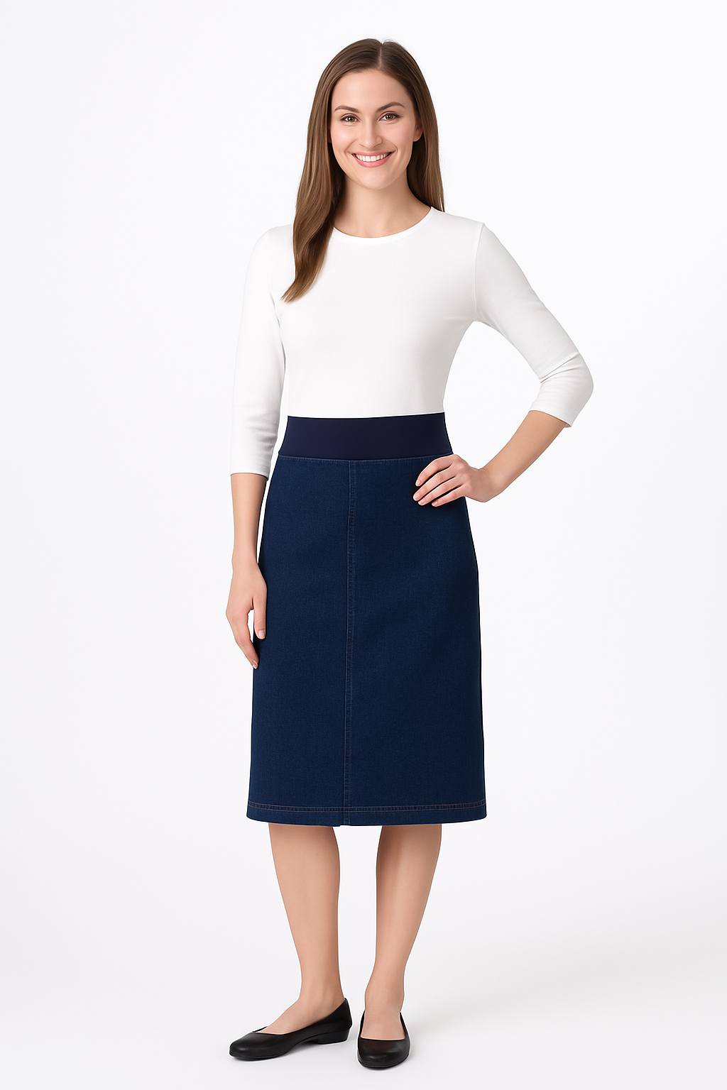 Denim Skirt with Stretch Waistband – Below Knee Length by Kosher Casual USA