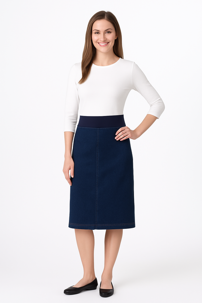 Denim Skirt with Stretch Waistband – Below Knee Length by Kosher Casual USA