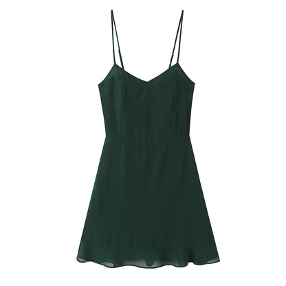 Summer French Sexy Retro Solid Color Slim Fit Slim Sexy Ruffled Spaghetti Straps Dress by Ragazza