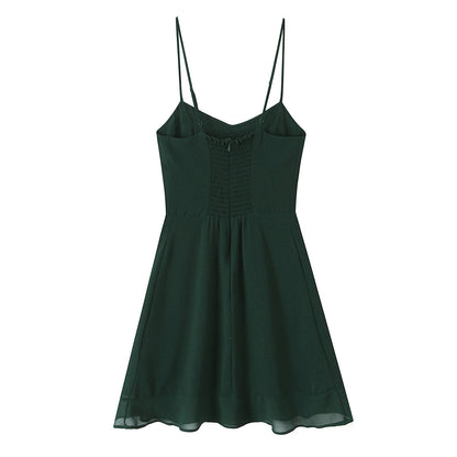 Summer French Sexy Retro Solid Color Slim Fit Slim Sexy Ruffled Spaghetti Straps Dress by Ragazza