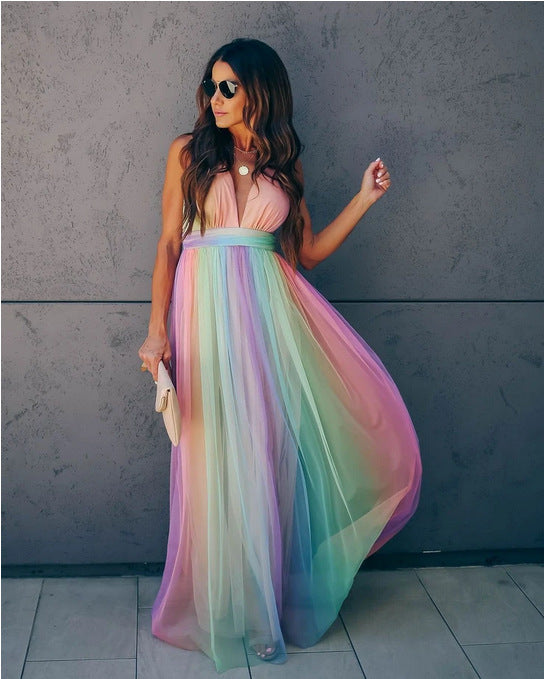 Spring Summer Women Sexy Suspenders Deep V Plunge Rainbow Mesh Camisole Dress by Ragazza