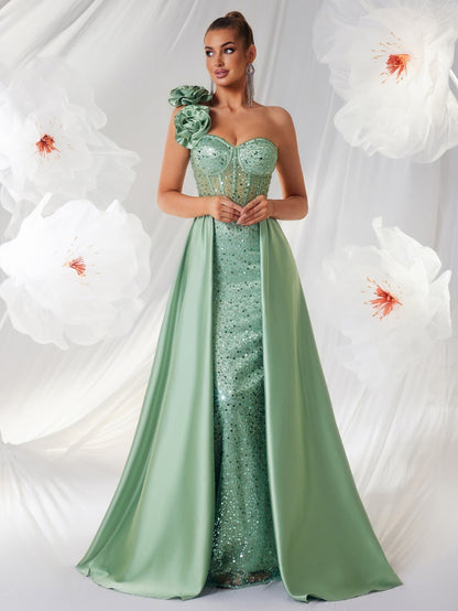 Socialite Elegant Green Tube Top One Shoulder Evening Dress Three Dimensional Floral Decorative Sequ Waist Controlled Large Hem Dress  DestGlow