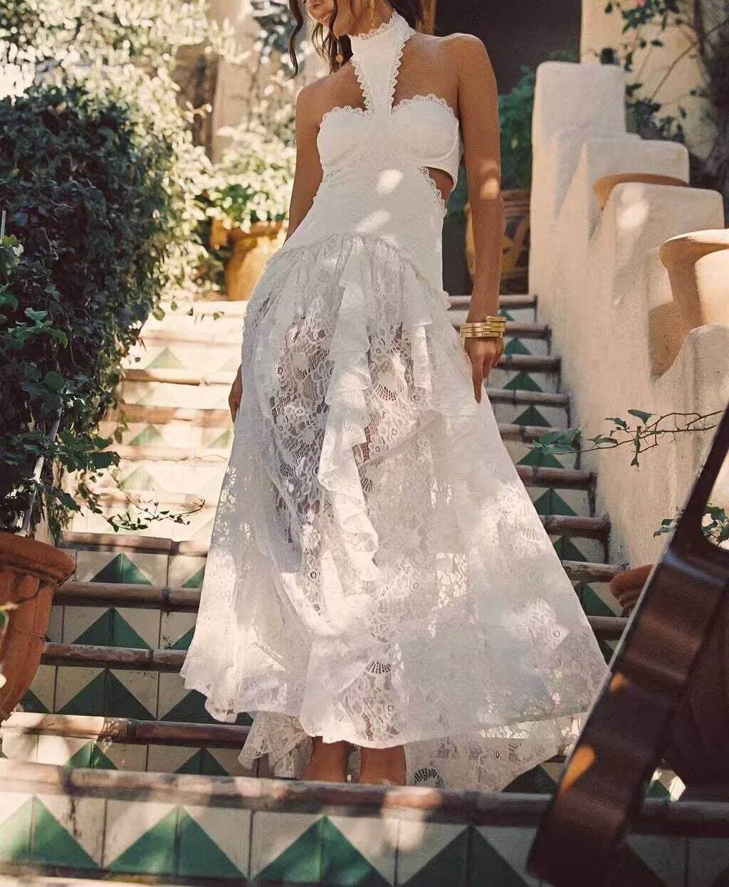 Lace Embroidered Silk Lace Tulle Backless French Halter Dress Women Summer Vacation Lightweight Dress by Ragazza