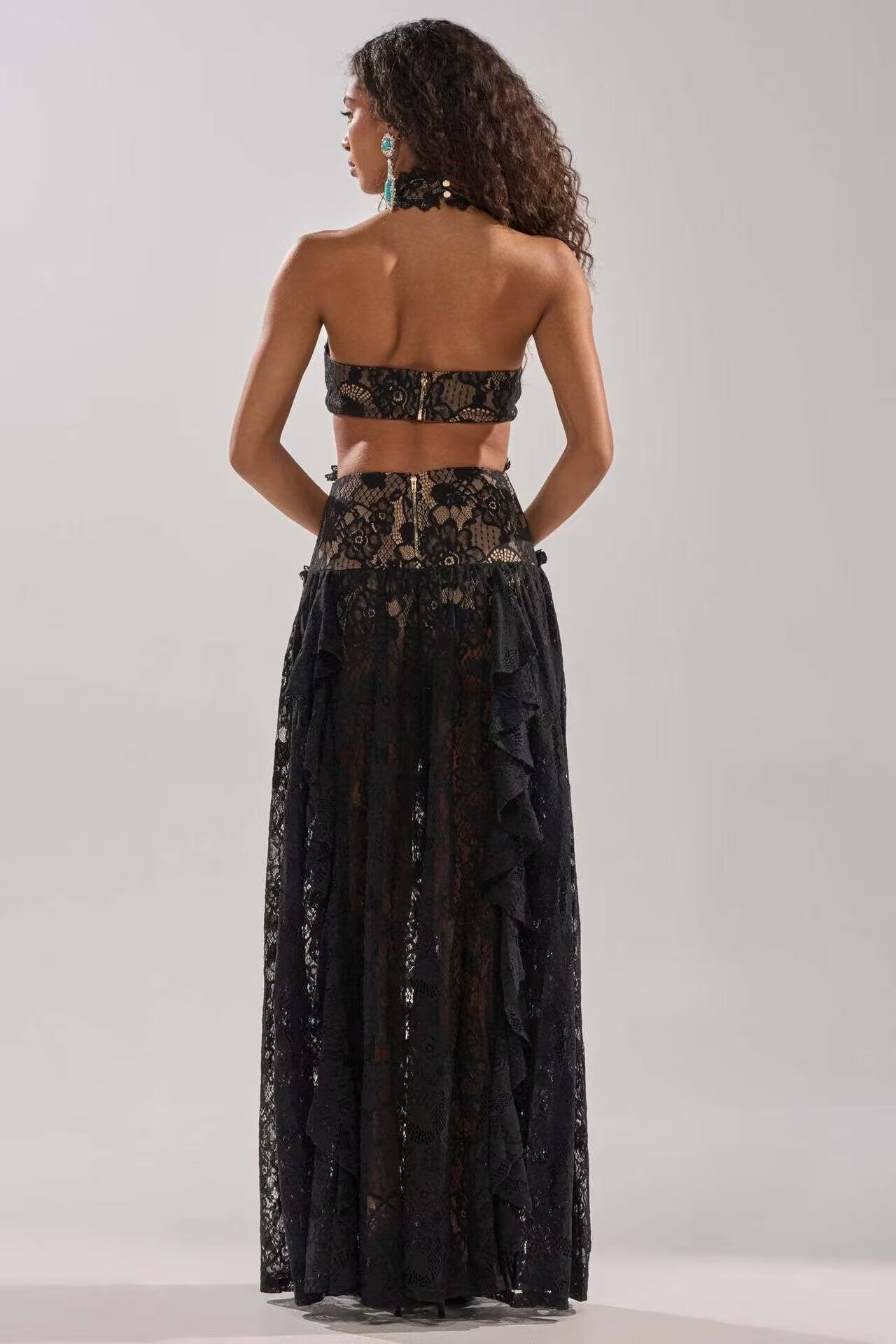 Lace Embroidered Silk Lace Tulle Backless French Halter Dress Women Summer Vacation Lightweight Dress by Ragazza