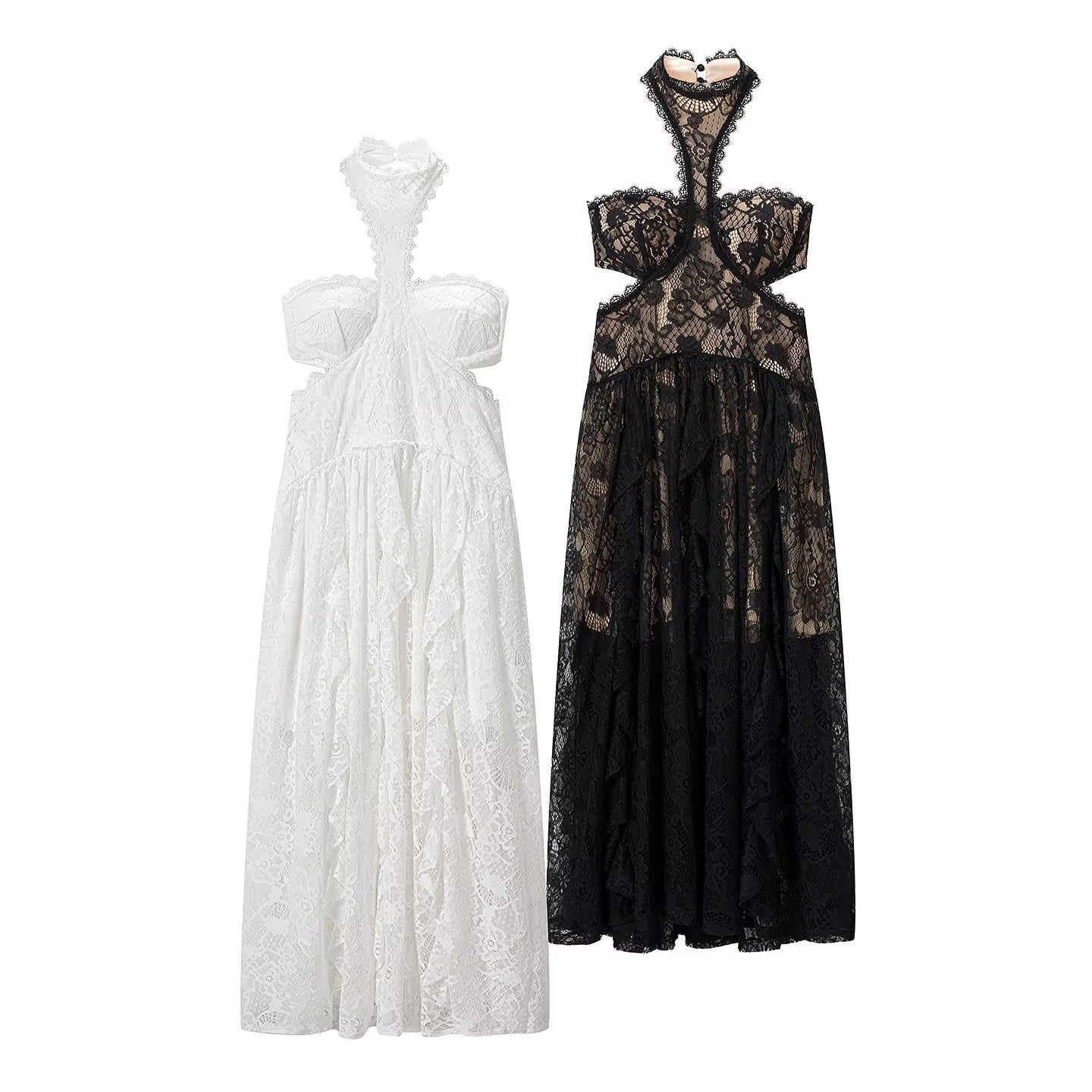 Lace Embroidered Silk Lace Tulle Backless French Halter Dress Women Summer Vacation Lightweight Dress by Ragazza