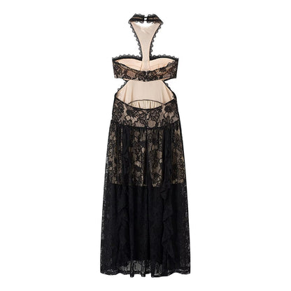 Lace Embroidered Silk Lace Tulle Backless French Halter Dress Women Summer Vacation Lightweight Dress by Ragazza