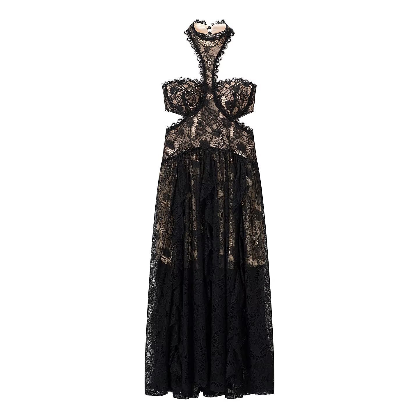 Lace Embroidered Silk Lace Tulle Backless French Halter Dress Women Summer Vacation Lightweight Dress by Ragazza