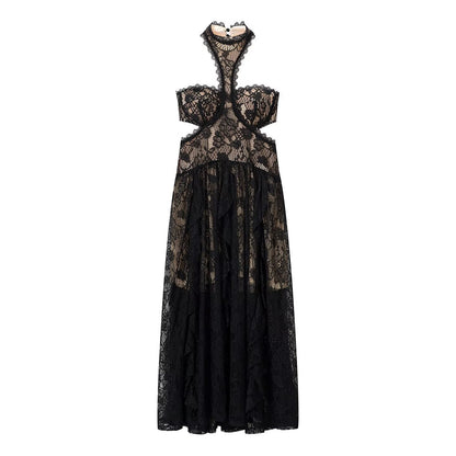 Lace Embroidered Silk Lace Tulle Backless French Halter Dress Women Summer Vacation Lightweight Dress by Ragazza