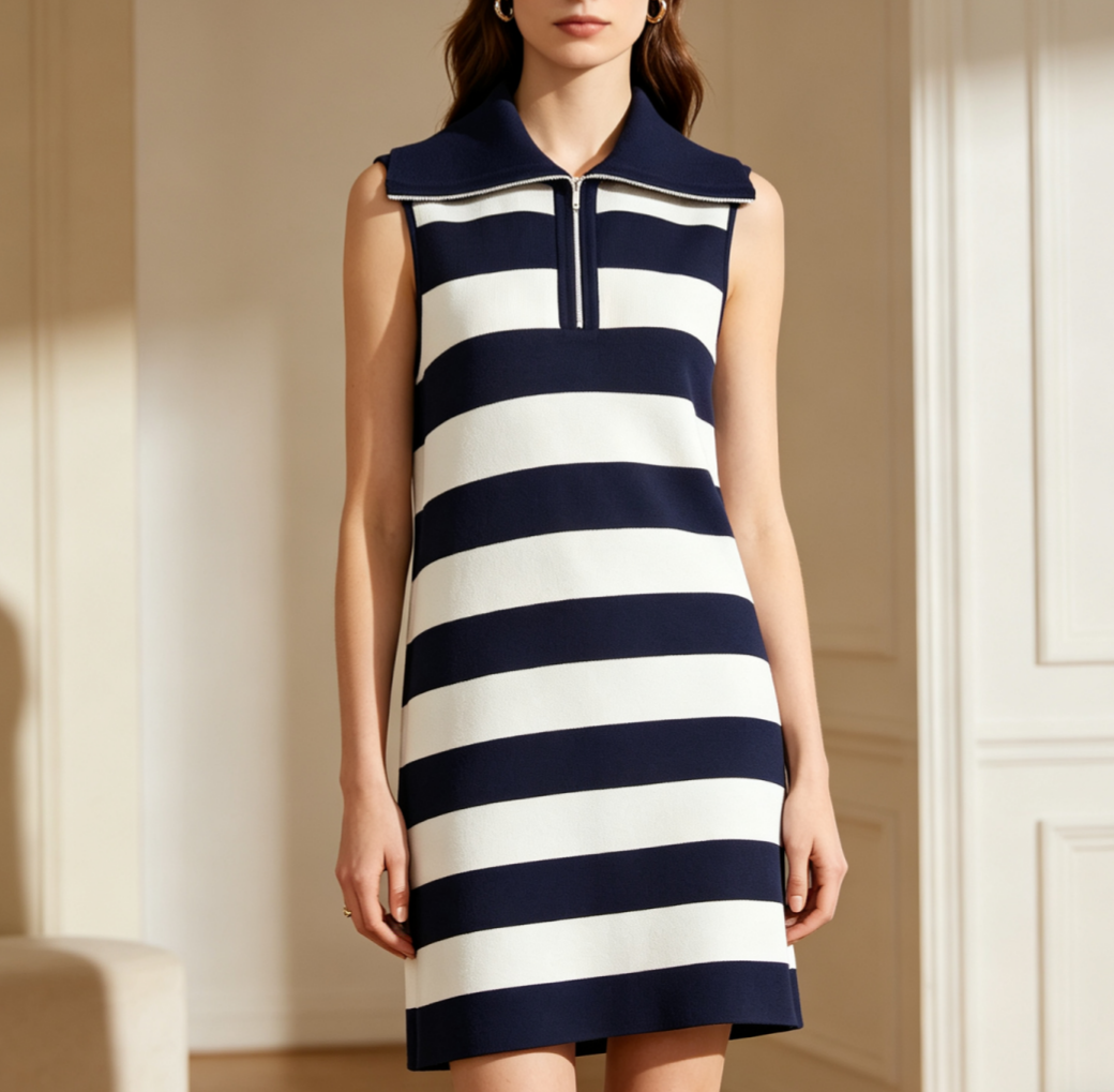 Women Clothing Summer Half Open Zipper Large Collared Dress by Ragazza