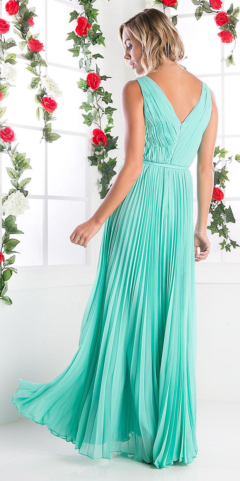 Cinderella Divine 1499 Long Chiffon Pleated Sleeveless Dress With Belt by DiscountDressShop
