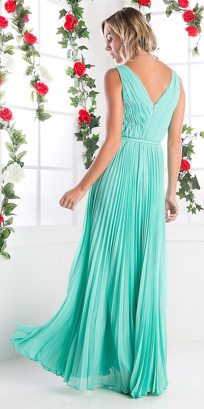 Cinderella Divine 1499 Long Chiffon Pleated Sleeveless Dress With Belt by DiscountDressShop