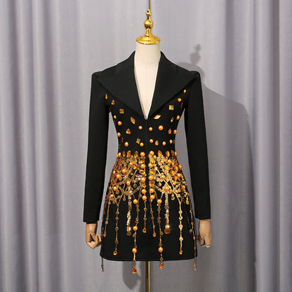 Street Long Sleeve Dress Women Spring Autumn Tassel Rhinestone Women Short Dress by Ragazza