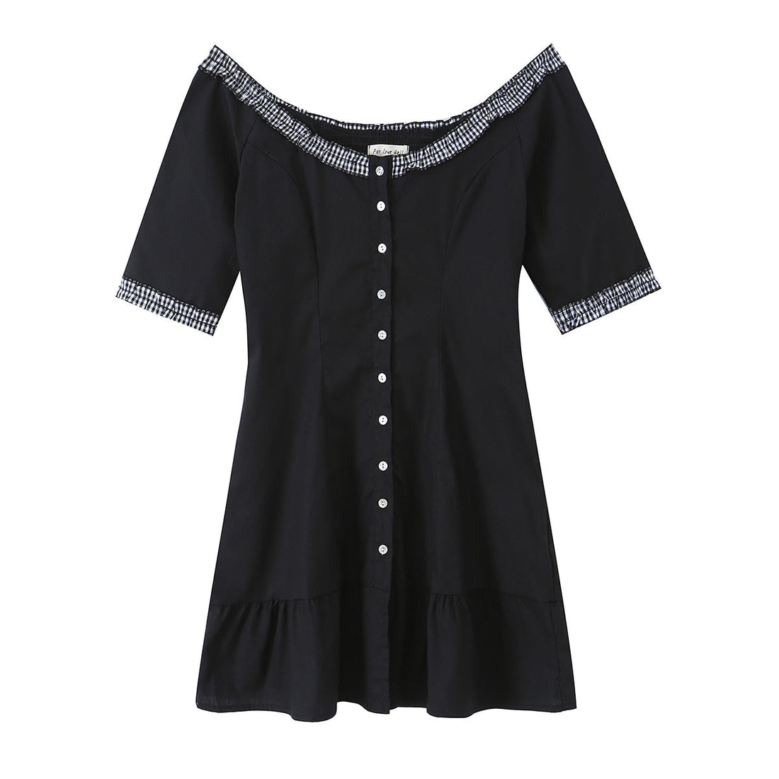 Retro off Shoulder Lace Stitching Wooden Ear Mid Sleeve Dress Single Breasted Lotus Leaf Dress by Ragazza
