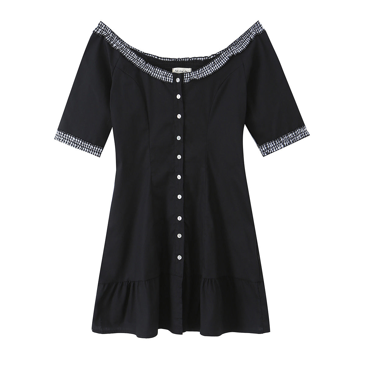 Retro off Shoulder Lace Stitching Wooden Ear Mid Sleeve Dress Single Breasted Lotus Leaf Dress by Ragazza
