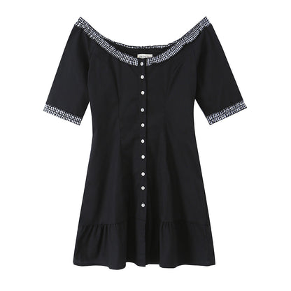 Retro off Shoulder Lace Stitching Wooden Ear Mid Sleeve Dress Single Breasted Lotus Leaf Dress by Ragazza