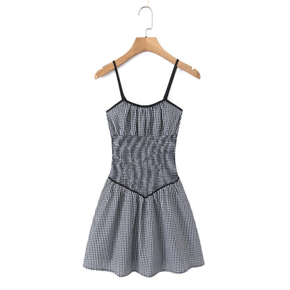 French Minority Black White Plaid Slim Fit Slimming Spaghetti Straps Dress Women Summer Small A line Dress by Ragazza