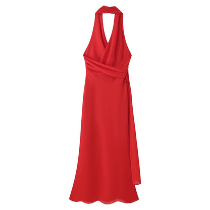 Women Clothing Slim Fit Red V neck Elegant Halter Maxi Dress by Ragazza