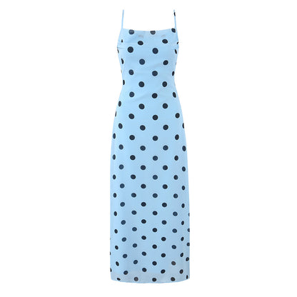 Gentle Elegant Pink Polka Dot Brace Dress Women Vintage Backless Lace up Design Tight Waist Maxi Dress by Ragazza