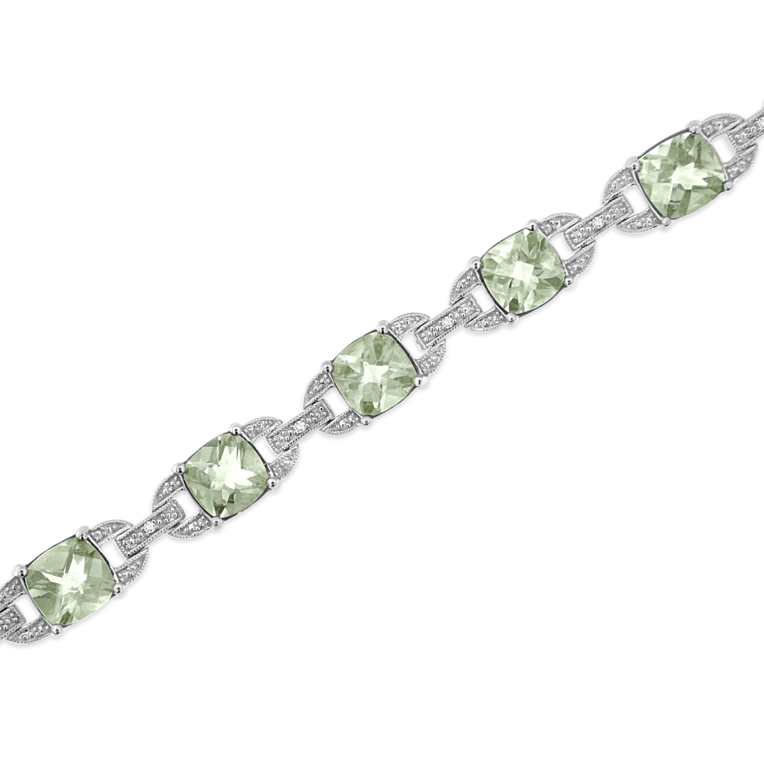 .925 Sterling Silver 7x7 mm Cushion Cut Green Amethyst and 1/20 cttw Round Cut Diamond Fashion Tennis Bracelet (I-J Color, I1-I2 Clarity) - 7"  DestGlow
