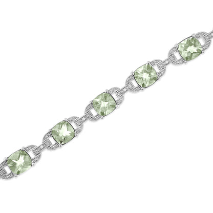 .925 Sterling Silver 7x7 mm Cushion Cut Green Amethyst and 1/20 cttw Round Cut Diamond Fashion Tennis Bracelet (I-J Color, I1-I2 Clarity) - 7"  DestGlow