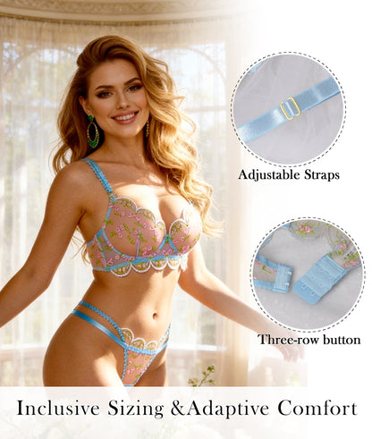 Light Blue Floral Lace Lingerie Set