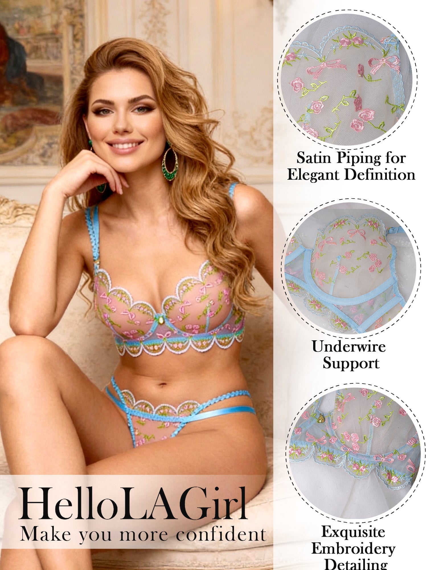 Light Blue Floral Lace Lingerie Set
